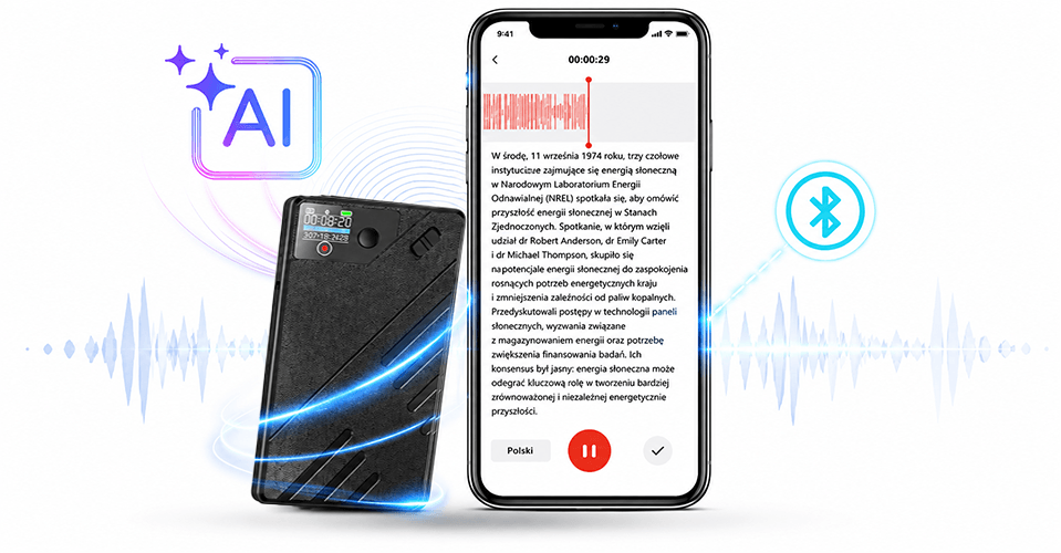 Dyktafon A5 AI 32GB (Aplikacja Bluetooth i Transkrypcja)